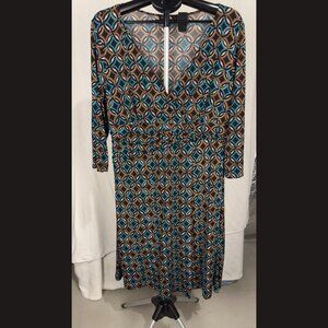 Volume One Wrap Dress Size XL | Green & Brown Asymmetrical Print Flowy‎ Fit
